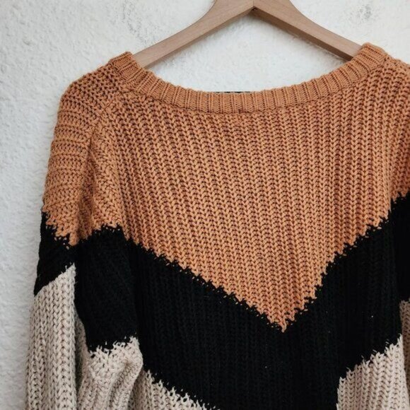 Lulus Autumn Leaves Tan Multi Chevron Stripe Knit Sweater Women's Size Large - Picture 7 of 9